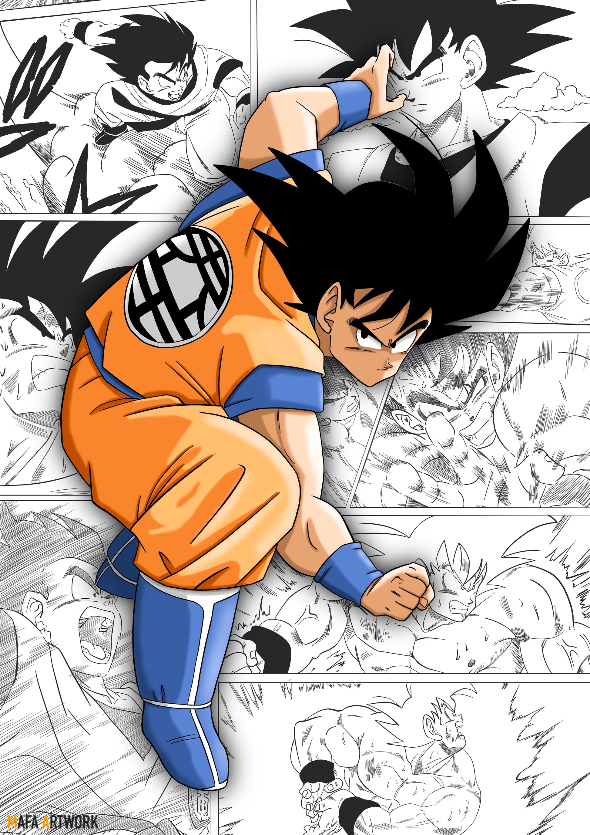 affiche murale Dragon ball représentant Son Goku dans sa mythique position de combat avec en arrière plan des scans de l'arc Saiyan