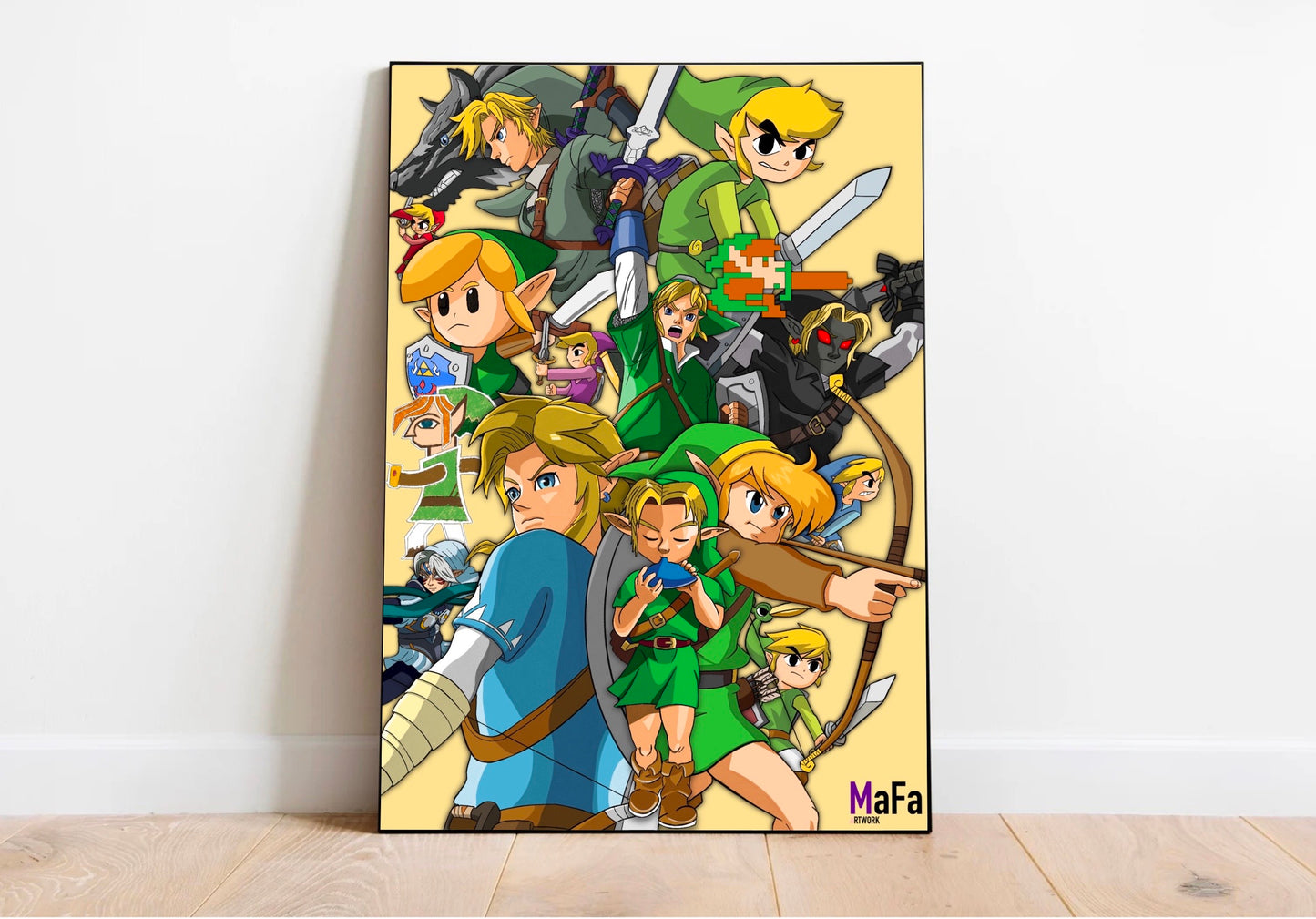 Afiche murale pour décoration Geek. Ce poster représente les différents héros du jeu vidéo culte The Legend of Zelda, Link