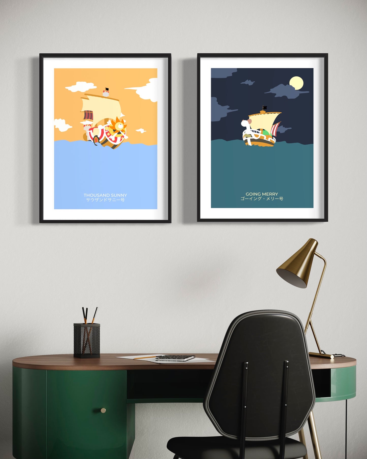 Duo de posters minimaliste One Piece représentant les bateaux de luffy et son équipage, le vogue merry et le thousand sunny