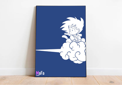 affiche murale minimaliste du manga dragon ball représentant le héros Goku sur son nuage magique le kinto un