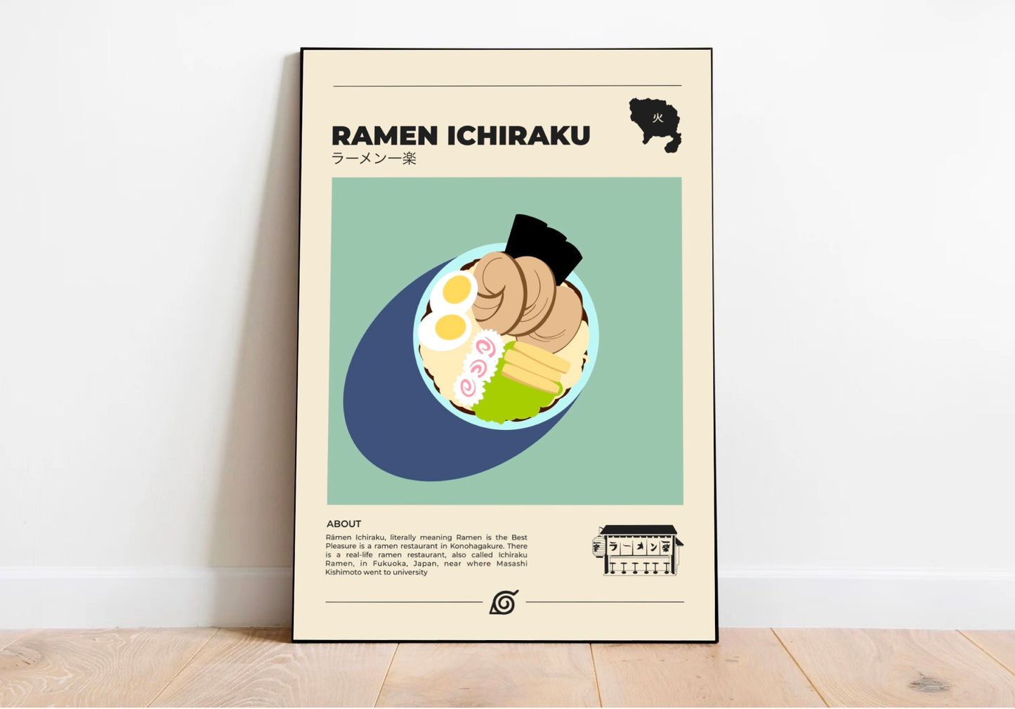 affiche murale minimaliste inspirée du manga Naruto. L'illustration représente le plat de ramen Ichiraku