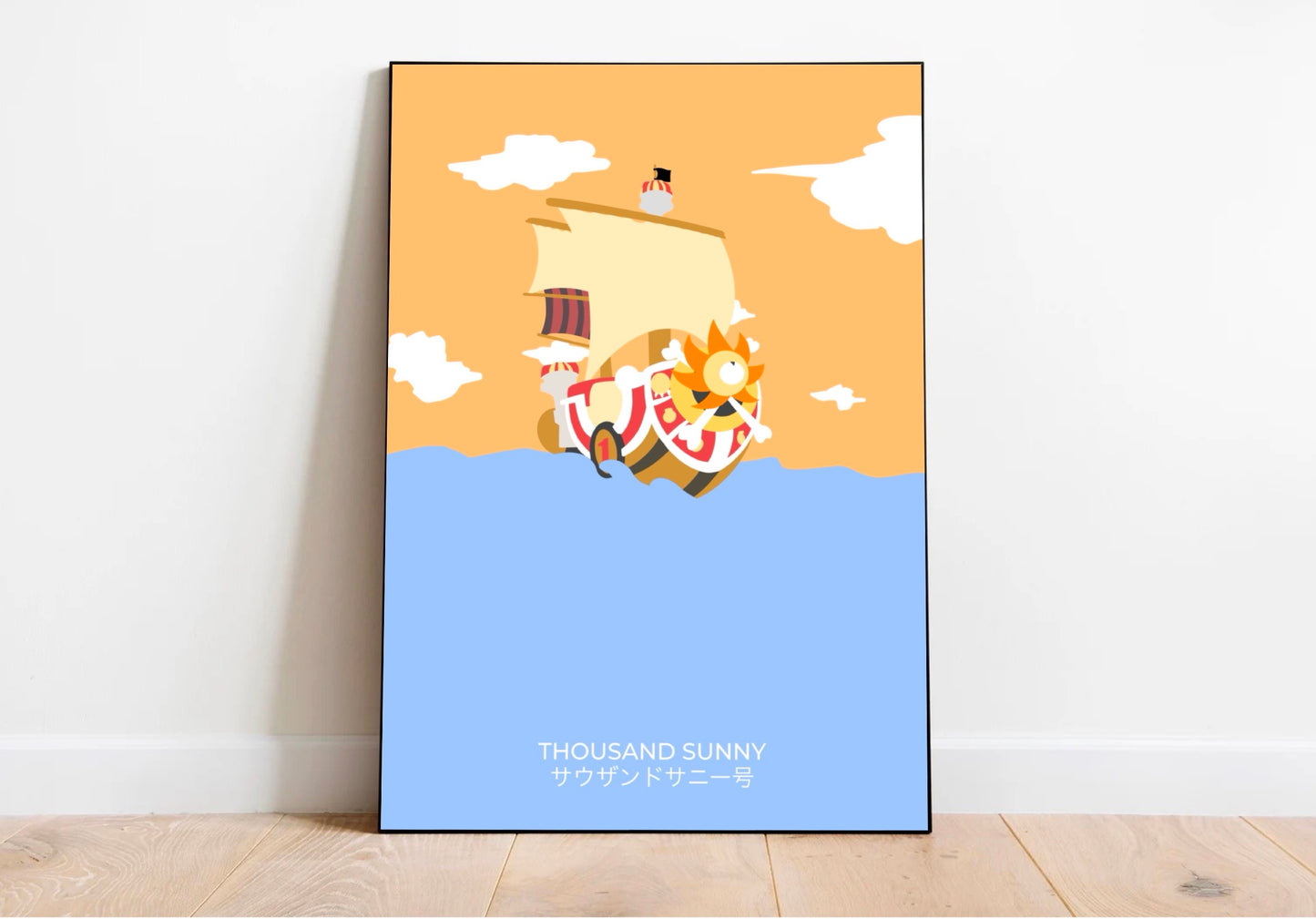 affiche murale minimaliste dédiée au second bateau des mugiwaras, le thousand sunny