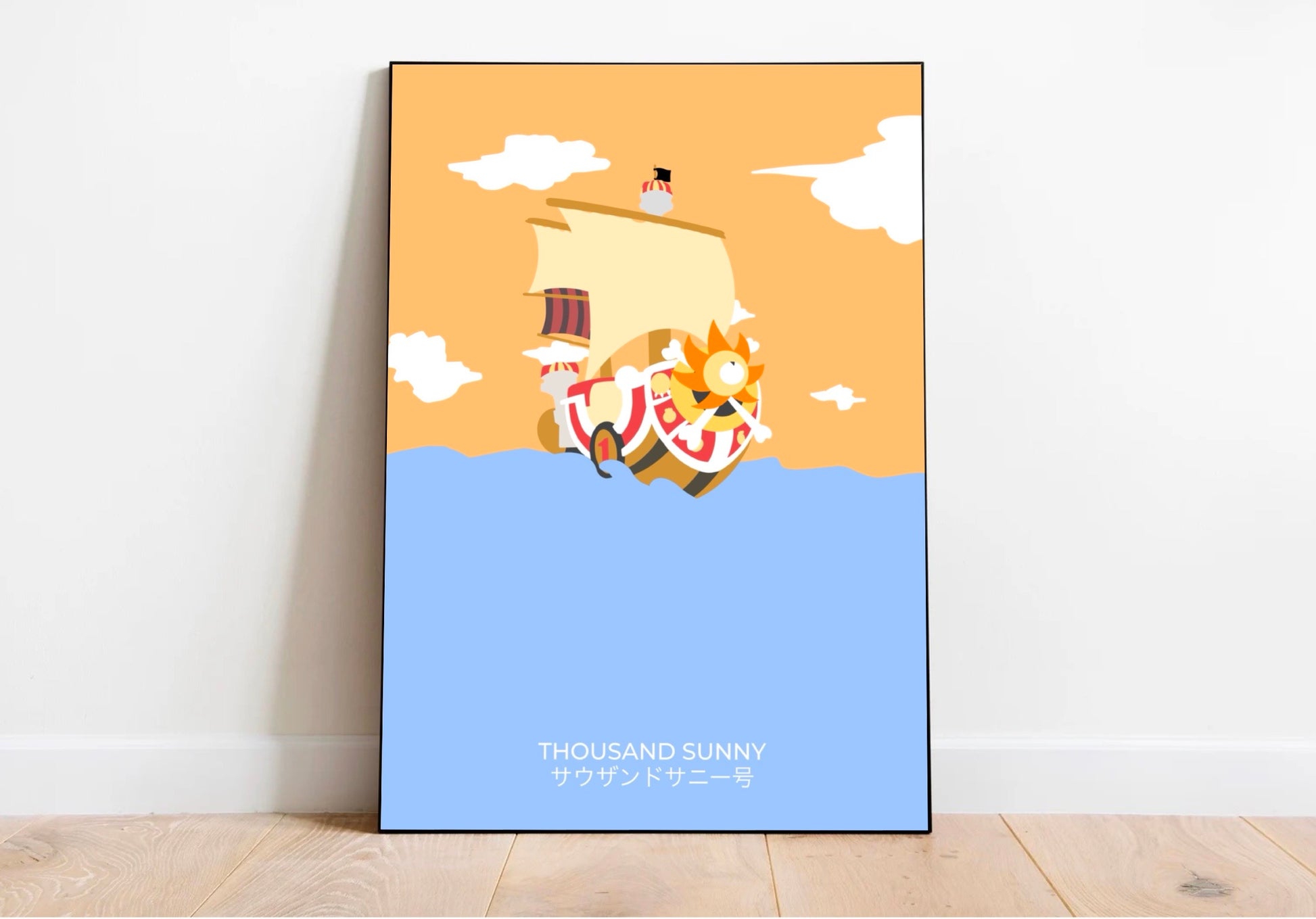 affiche murale minimaliste dédiée au second bateau des mugiwaras, le thousand sunny