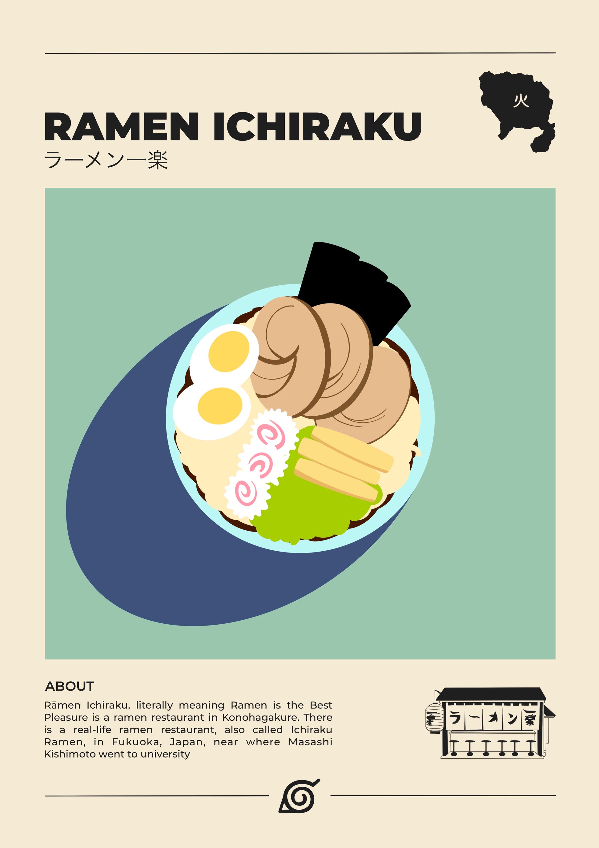 Poster minimaliste Naruto représentant le plat iconique de ramen du cuisinier Ichiraku. 