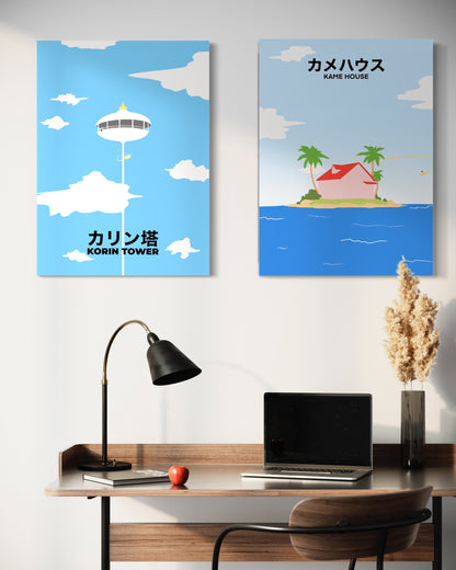 Lot de 2 posters minimaliste dragon ball Kame hous et Korin tower