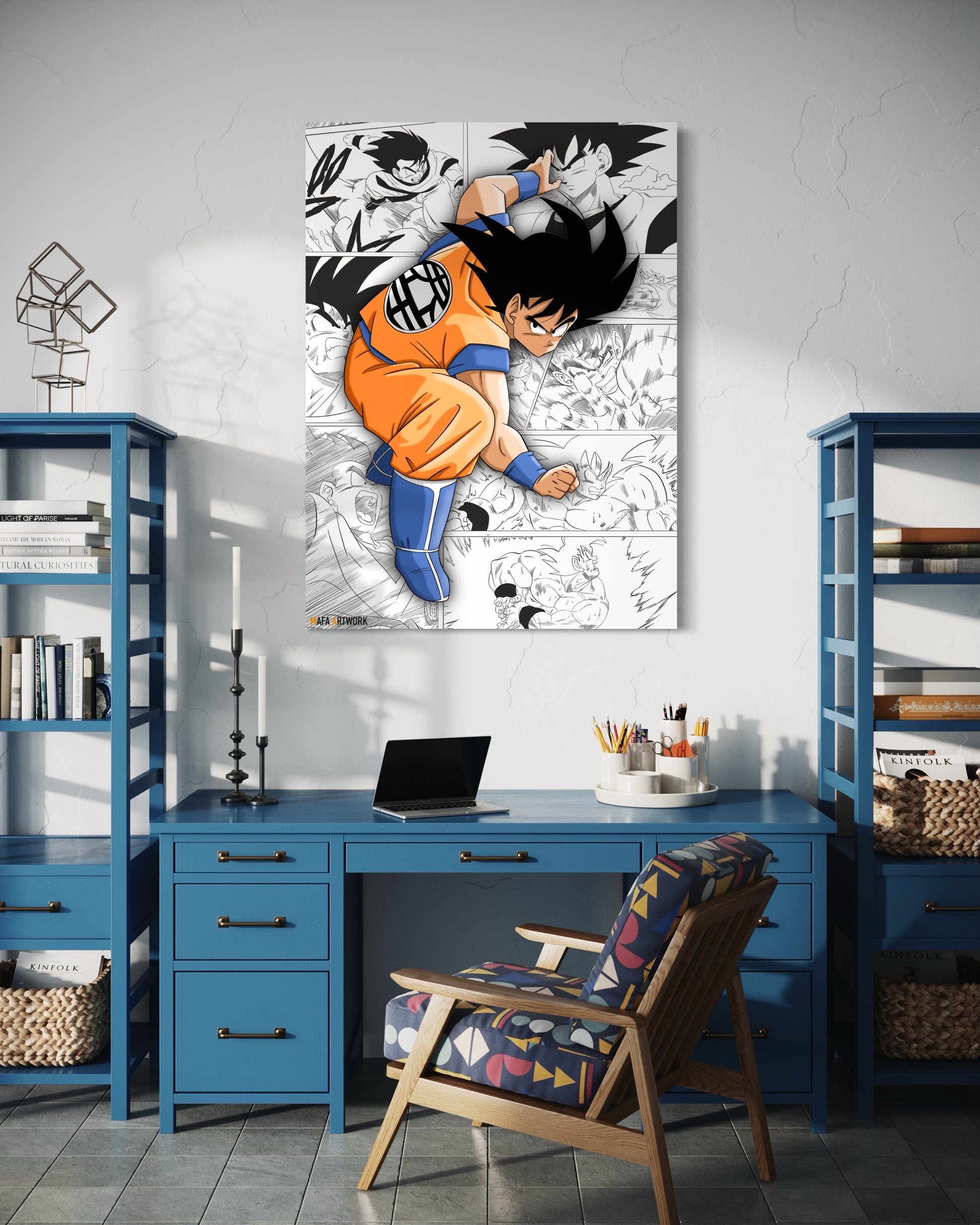 Poster Dragon Ball représentant Goku, dans sa pose de combat avec en arrière plan des scans du manga et plus précisément de l’arc Saiyan