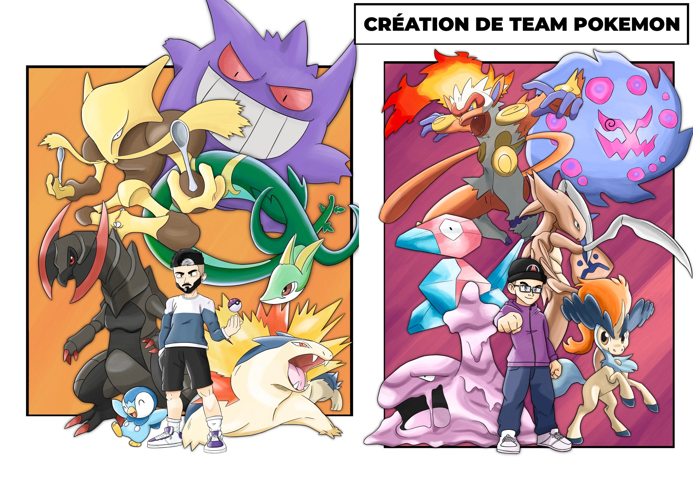 L'image contient 2 illustrations de commissions réalisés sur le thème du jeux vidéo pokémon