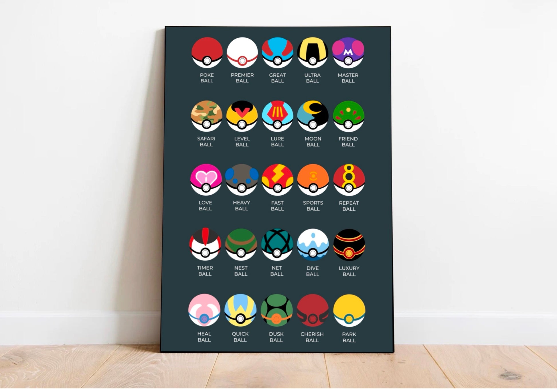 Affiche murale représentantles différentes pokéballs présentent dans la série de jeux vidéos pokémon